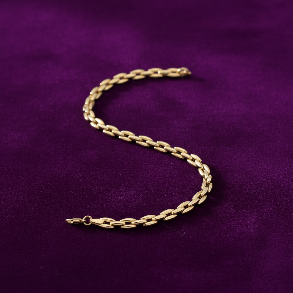 9ct Yellow Gold Panther Link Ladies Bracelet on purple velvet background