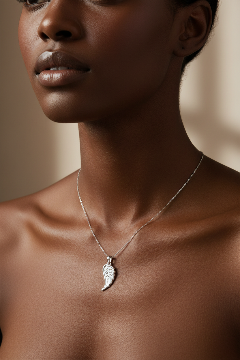 Silver Rhodium Angel Wing Charm Pendant worn on a lady's neck - lifestyle shot