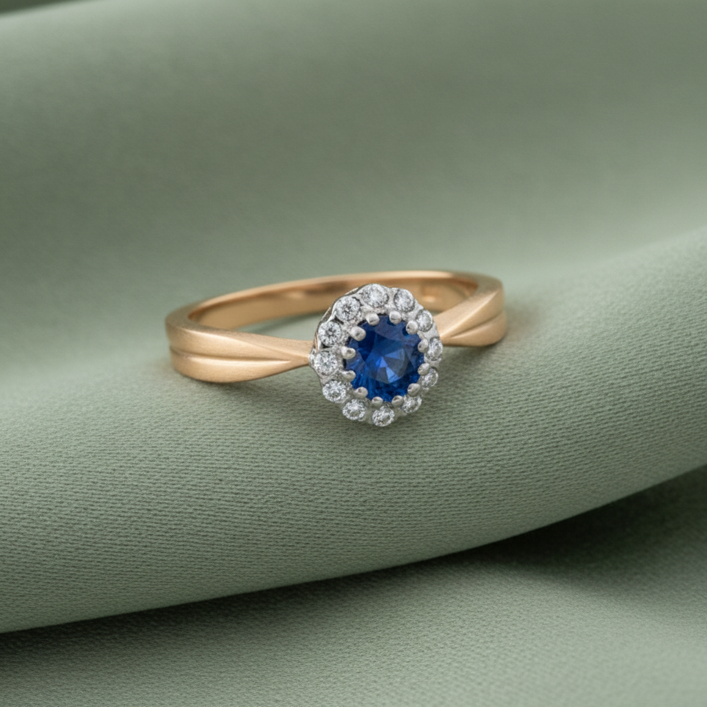 9ct Yellow Gold Sapphire Cluster & Diamond Ring 0.60ct on sage green textured background