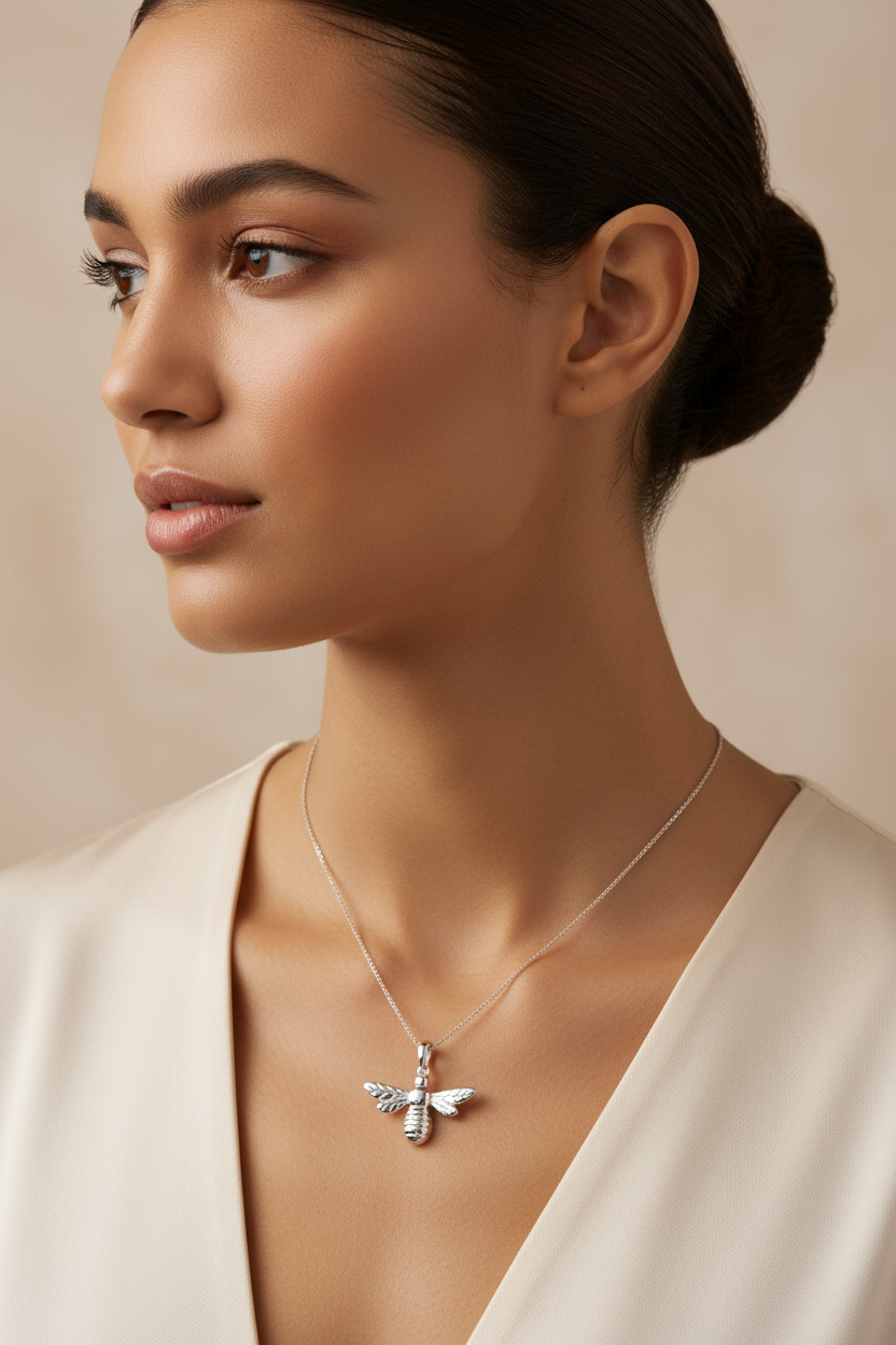 Silver Rhodium Bee Charm Pendant worn on a lady's neck - lifestyle shot