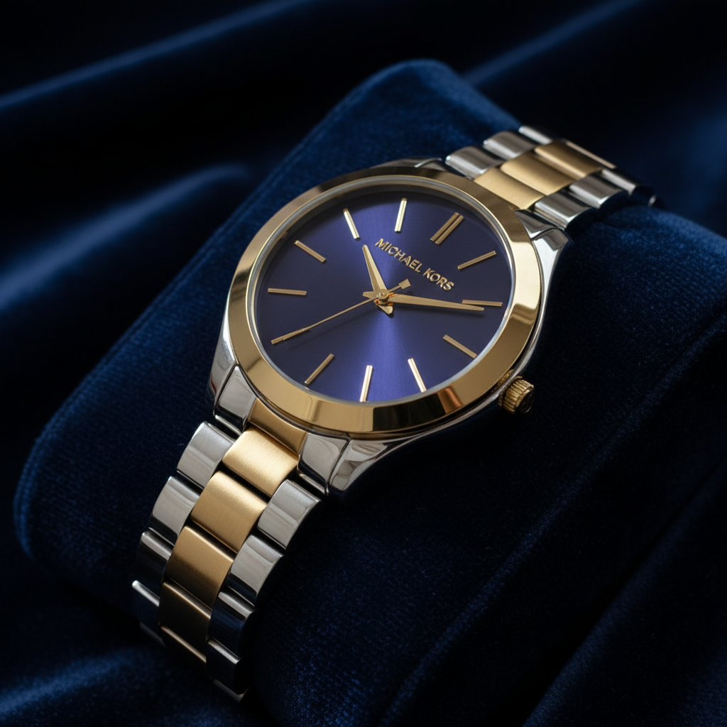 Michael Kors MK3479 two-tone watch on coloured textured background