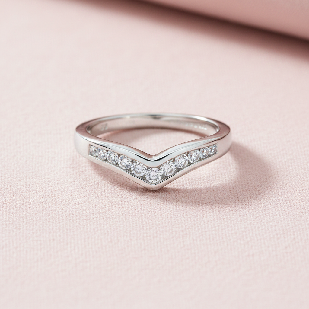 9ct White Gold 0.25ct Diamond Wishbone Ring on soft blush pink textured background