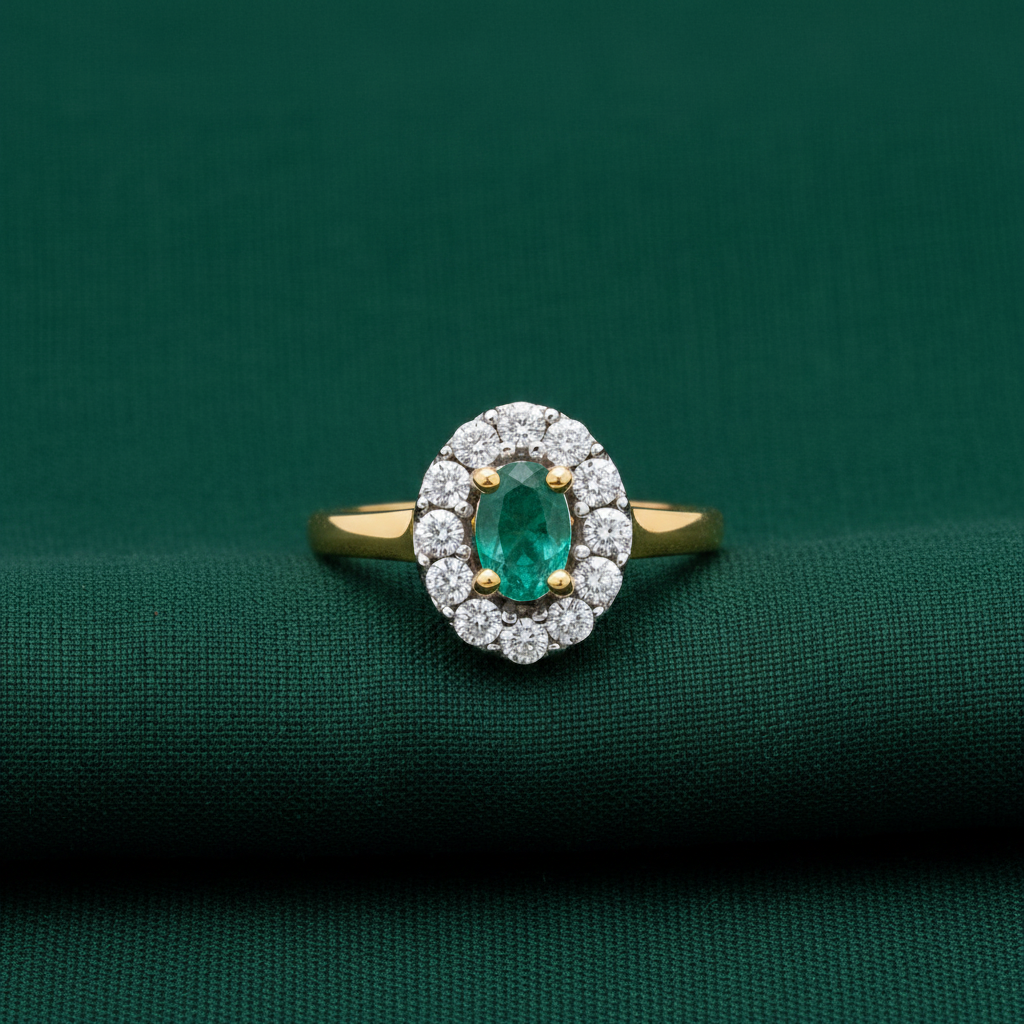9ct Yellow Gold Emerald Cluster & Diamond Ring 0.45ct on forest green textured background