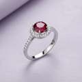 9ct White Gold Ruby & Diamond Ring 0.90ct on soft lavender textured background