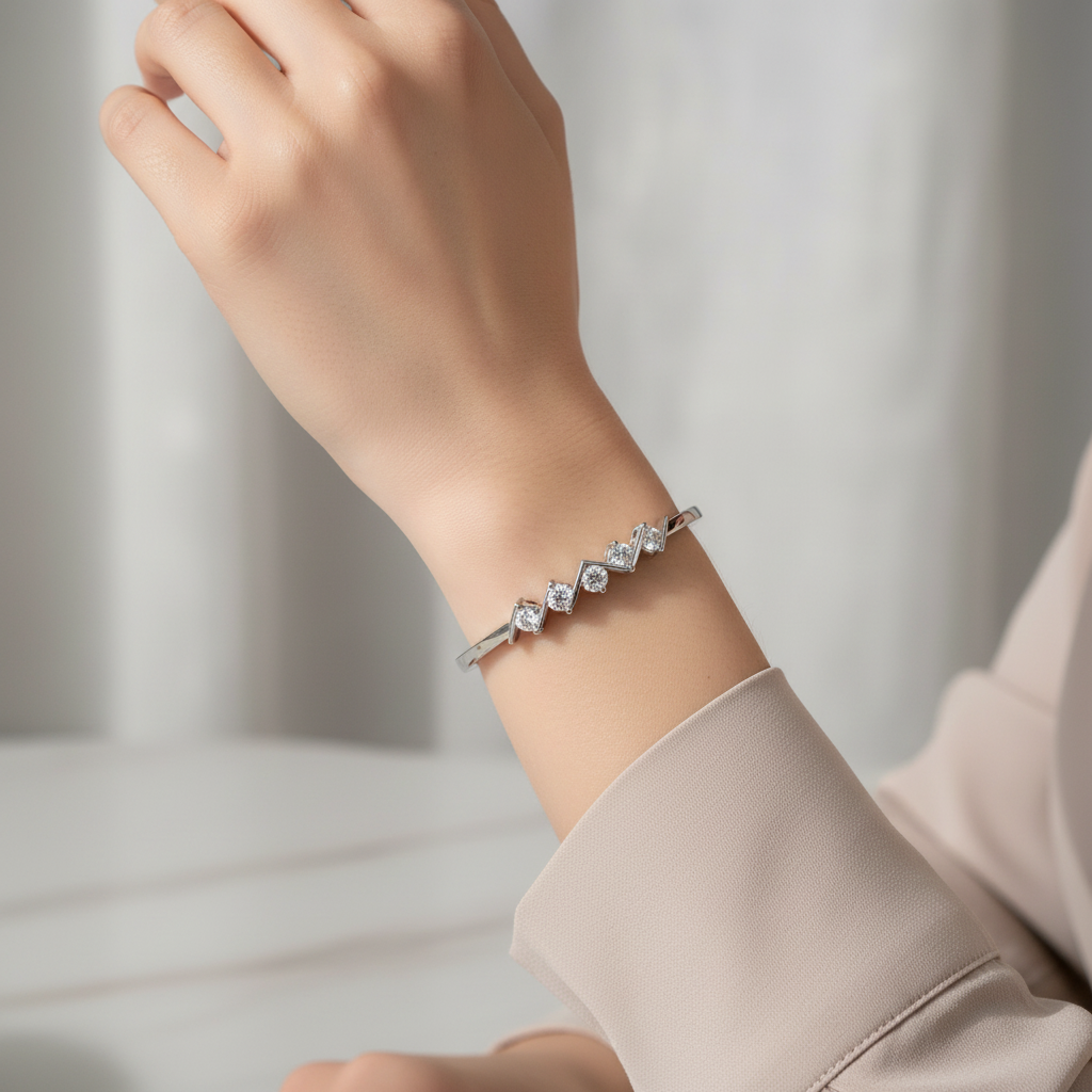 Silver Ladies' Oval CZ Hinged Bangle lifestyle wrist shot