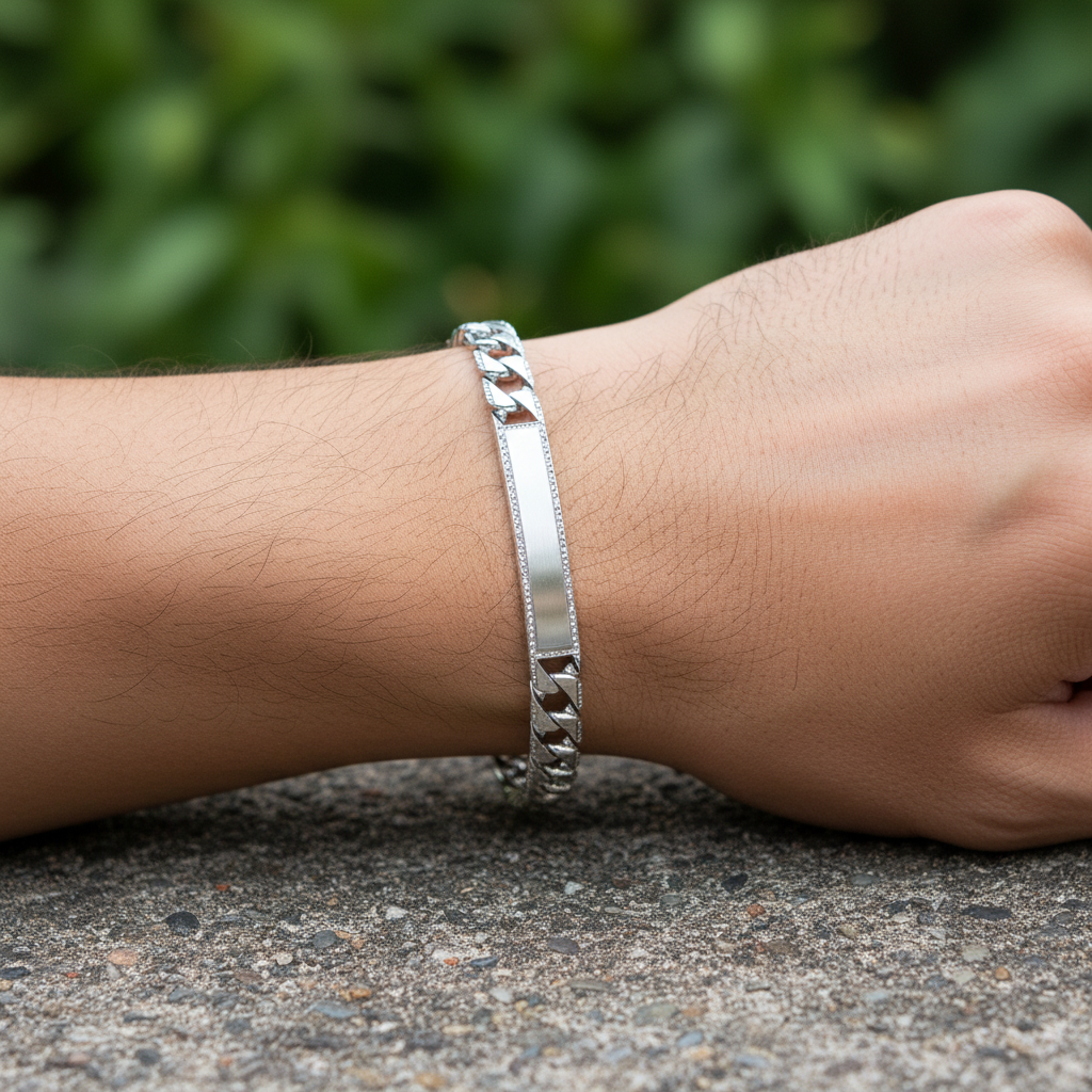 Silver Scale Pattern Mens ID Bracelet worn on a mans wrist