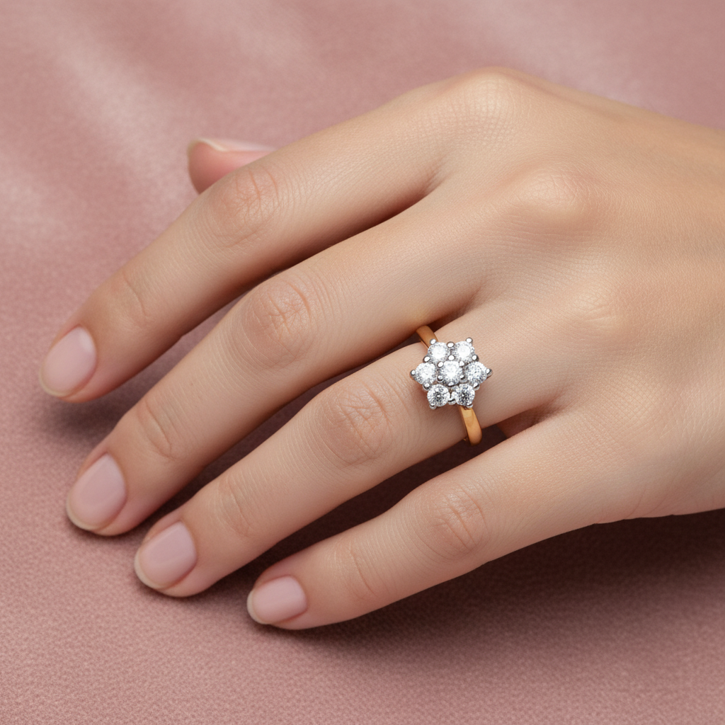 9ct Yellow Gold 0.33ct Diamond 7 Stone Cluster Ring worn on a ladies hand