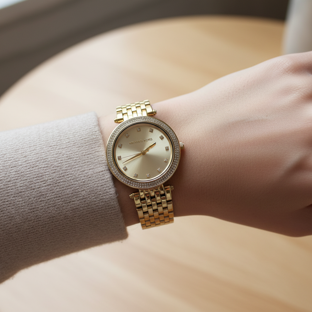 Michael Kors MK3216 gold-tone watch worn on a lady's wrist