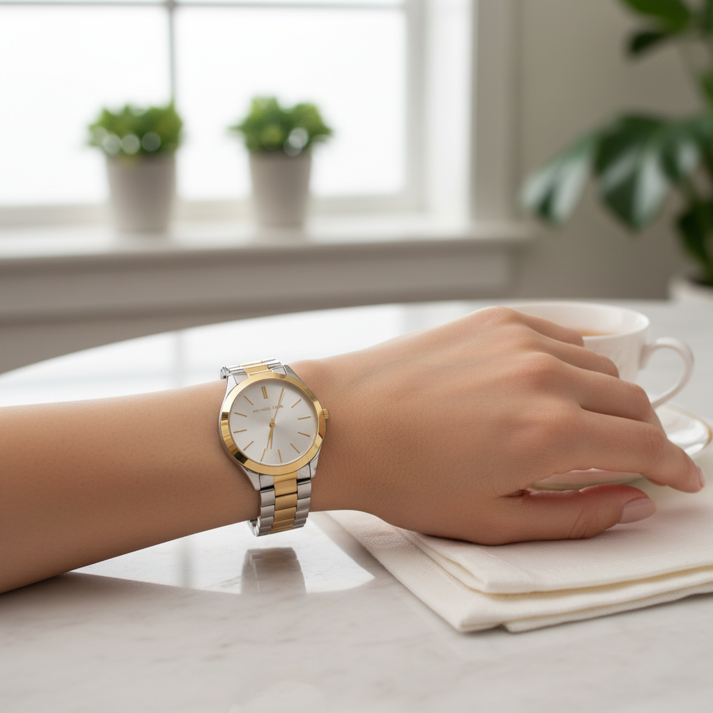 Michael Kors MK3198 two-tone watch worn on a lady's wrist