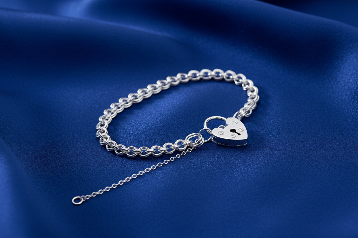 Silver ladies' charm bracelet with heart padlock on blue silk background