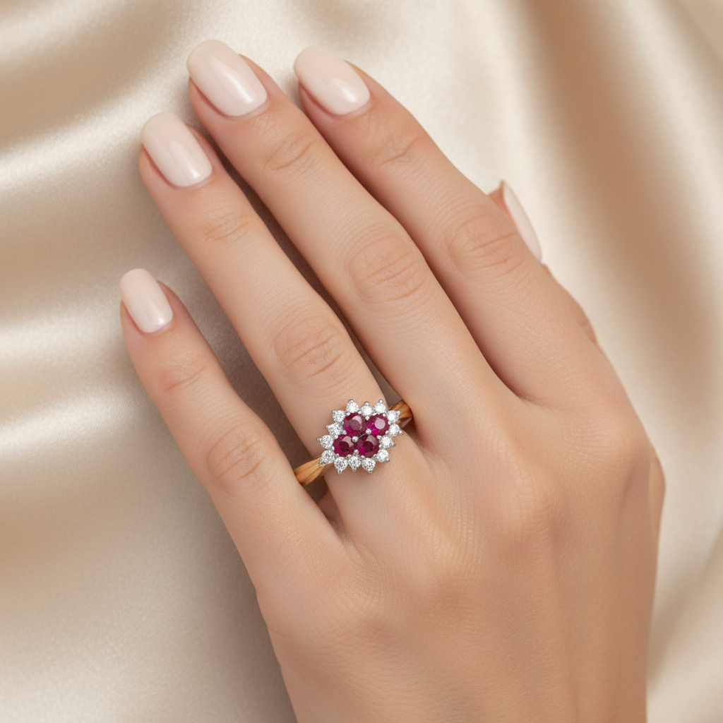 9ct Yellow Gold Ruby Cluster & Diamond Ring 0.66ct worn on a ladies hand