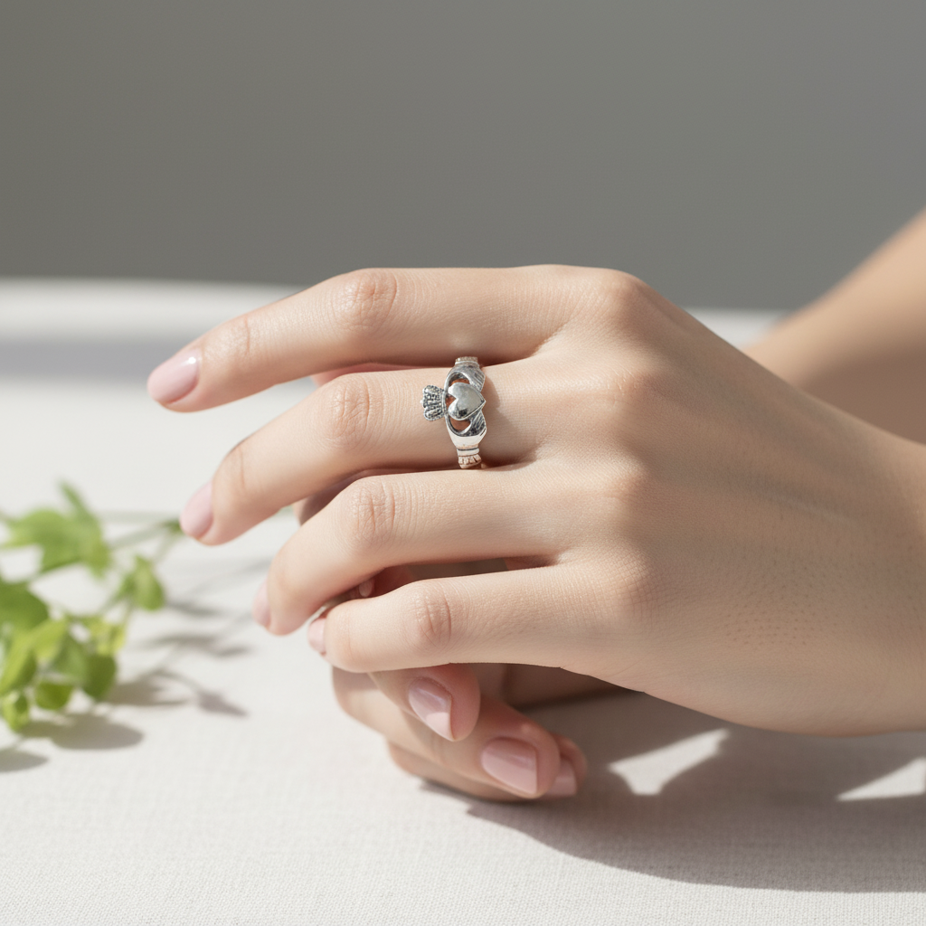 Silver Claddagh ring worn on a lady's hand