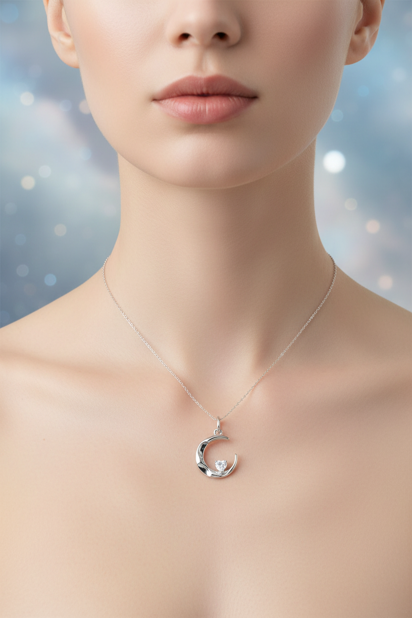 Silver Rhodium CZ Moon Pendant worn on a lady's neck - lifestyle shot