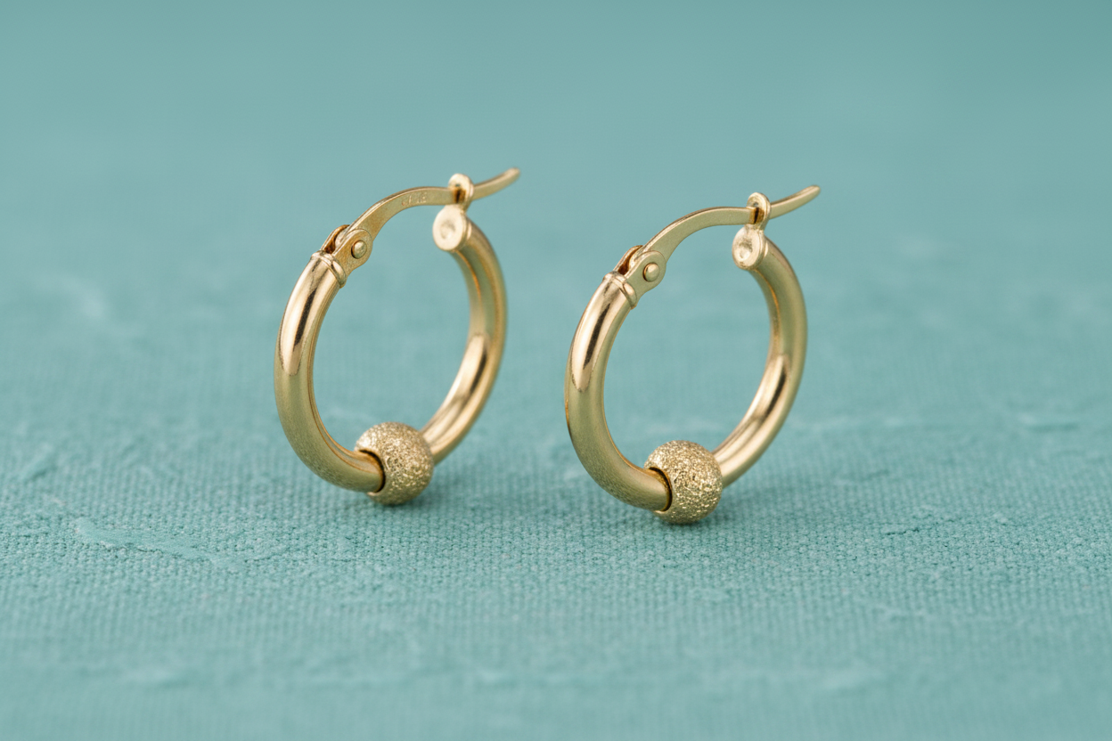 9ct Yellow Gold 17mm Glitter Ball Hoop Earrings on teal textured background