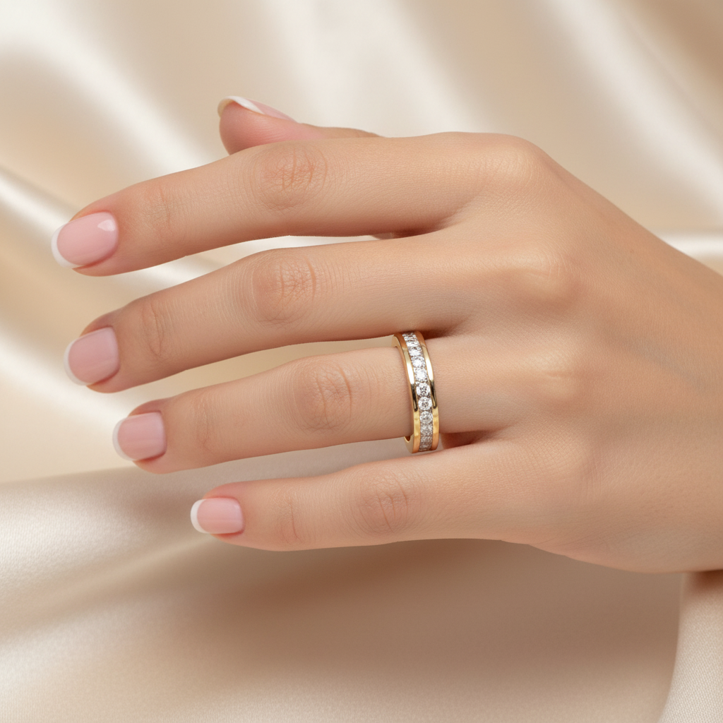 9ct Yellow Gold 0.75ct Diamond Eternity Ring 12 Stone worn on a ladies hand