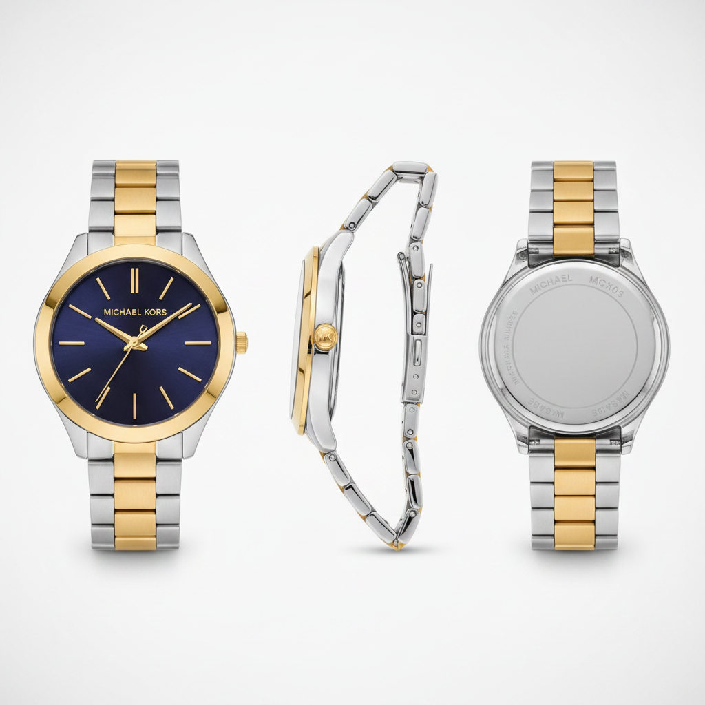 Michael Kors MK3479 two-tone watch from multiple angles on white background