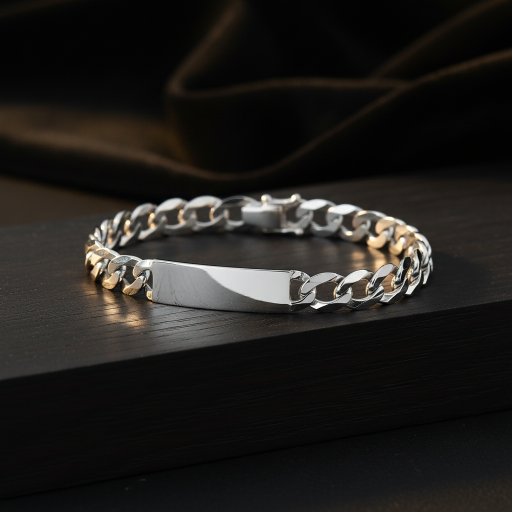 Silver Mens Flat Open Curb ID Bracelet on dark styled background