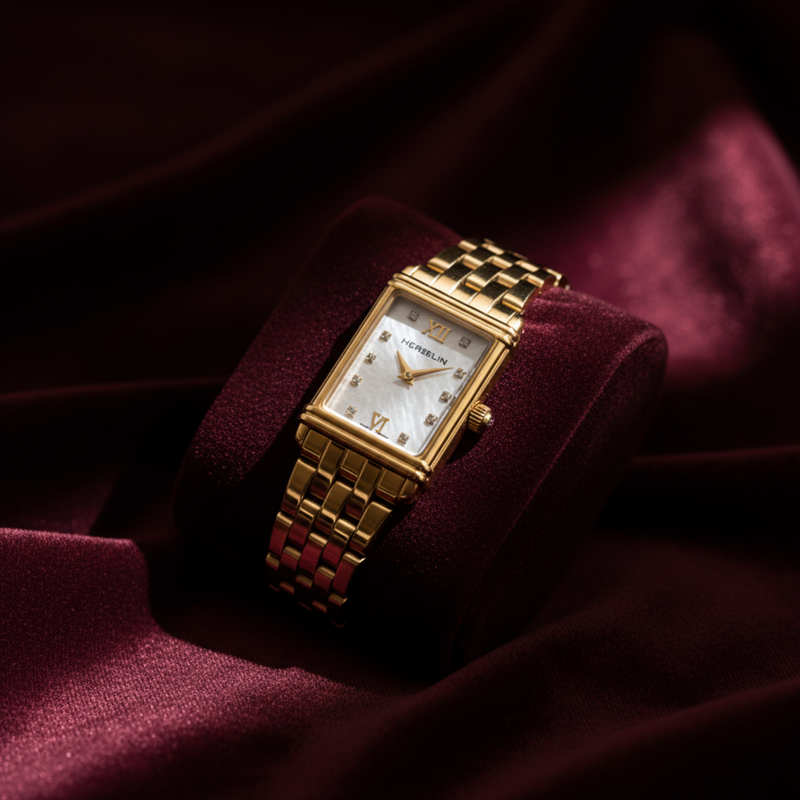 Herbelin Art Deco 17478BP59 ladies watch on burgundy velvet background