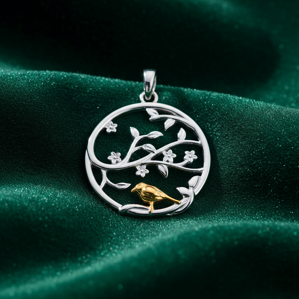 Silver Rhodium Gold Plated Tree of Life Pendant on textured forest green fabric background