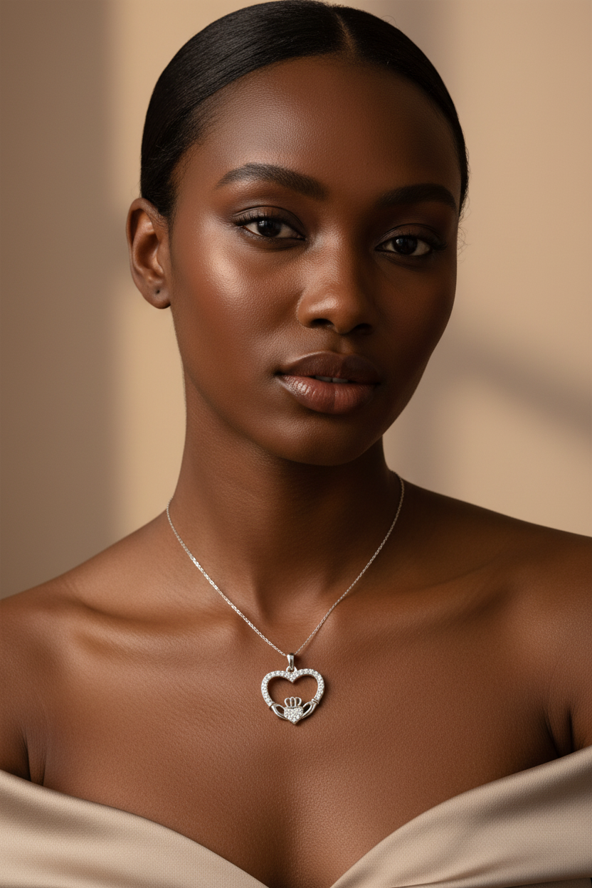 Silver Rhodium CZ Heart Claddagh Pendant worn on a lady's neck - lifestyle shot