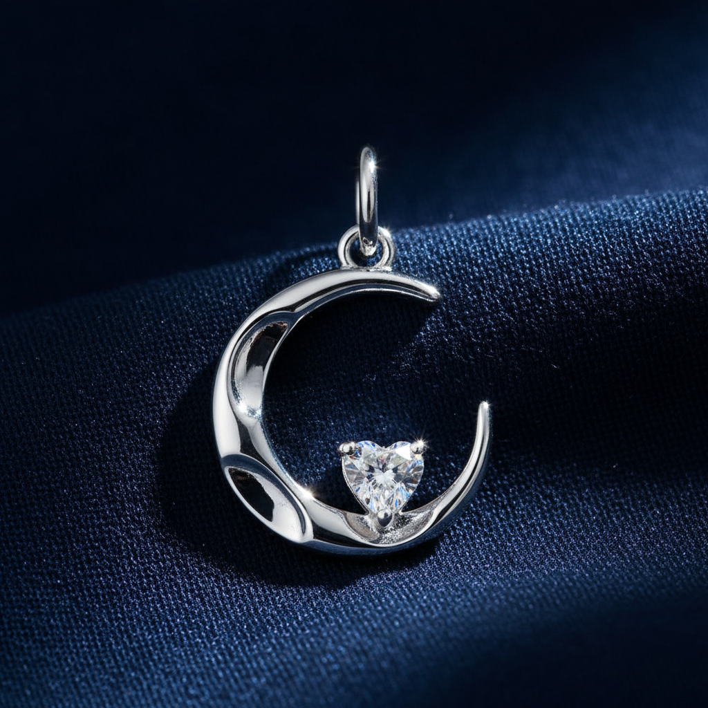 Silver Rhodium CZ Moon Pendant on midnight navy blue fabric background