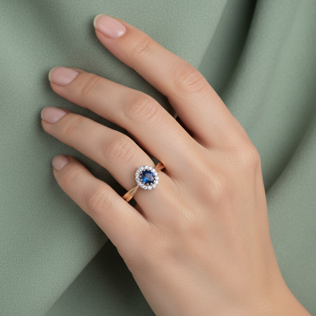 9ct Yellow Gold Sapphire Cluster & Diamond Ring 0.60ct worn on a ladies hand