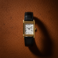 Herbelin Art Deco leather strap 1747BP08 ladies watch on cognac leather texture background