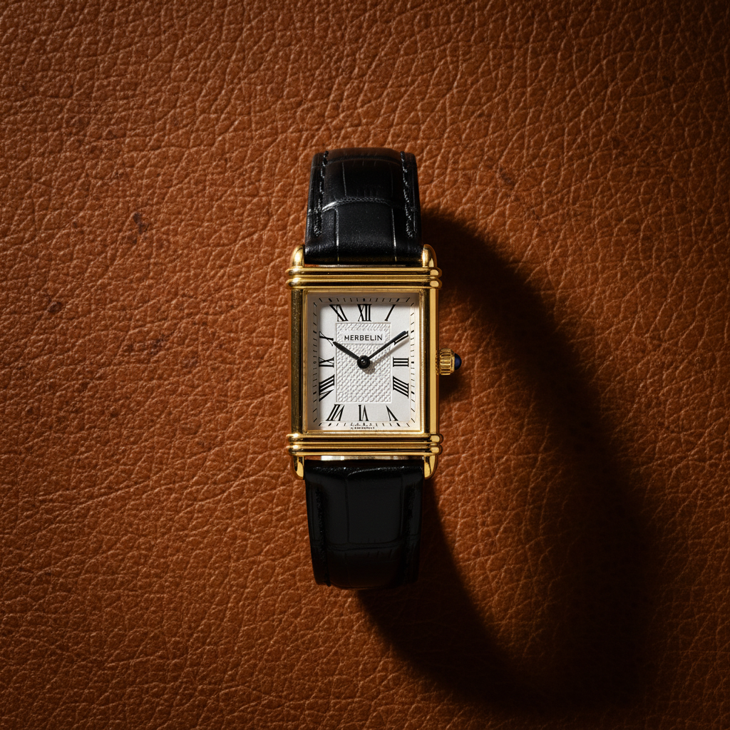 Herbelin Art Deco leather strap 1747BP08 ladies watch on cognac leather texture background