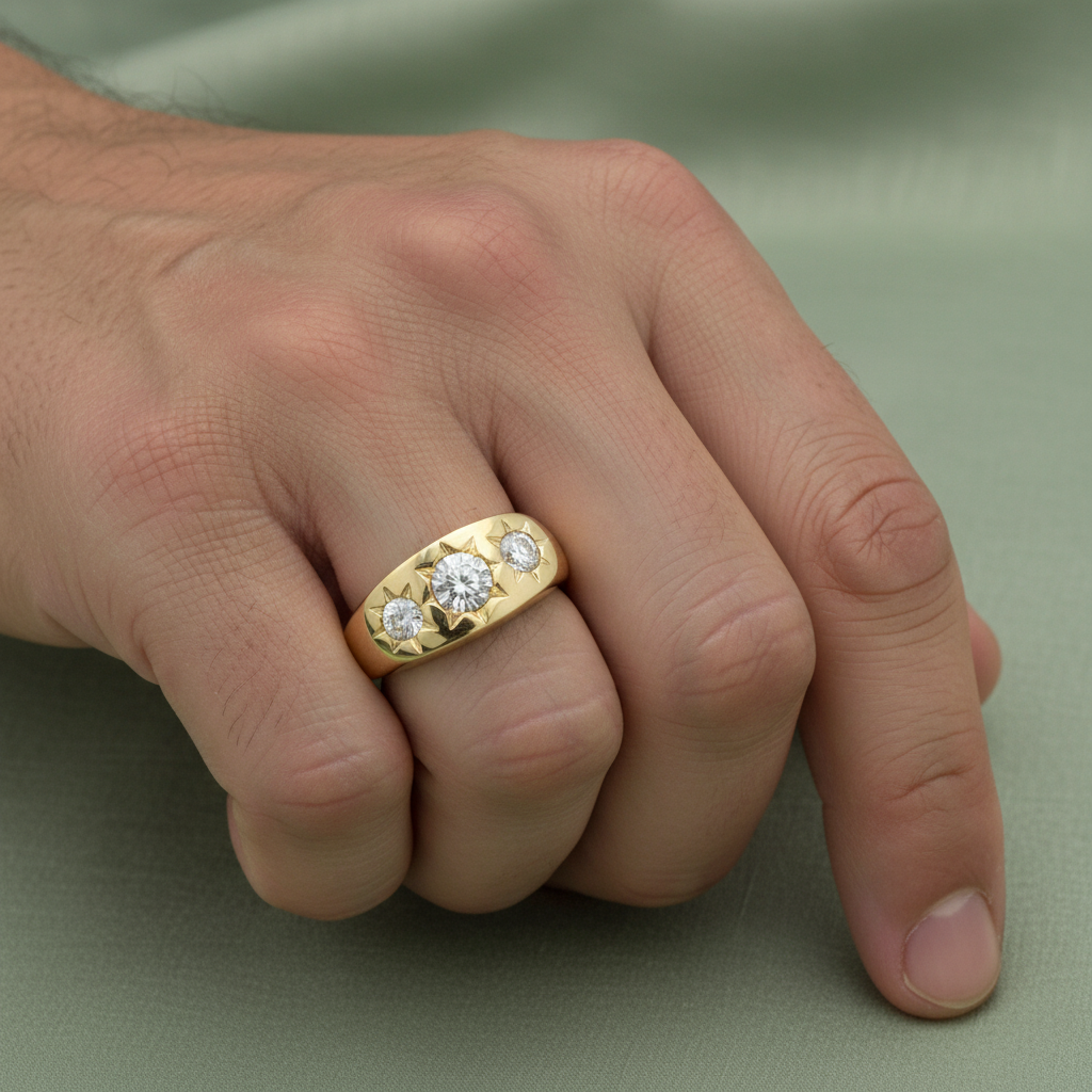 9ct Yellow Gold Gents 3 Stone CZ Ring worn on a male hand