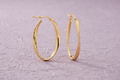 9ct Yellow Gold Oval Twist Ribbed & Plain Hoop Earrings on dusty lilac textured background
