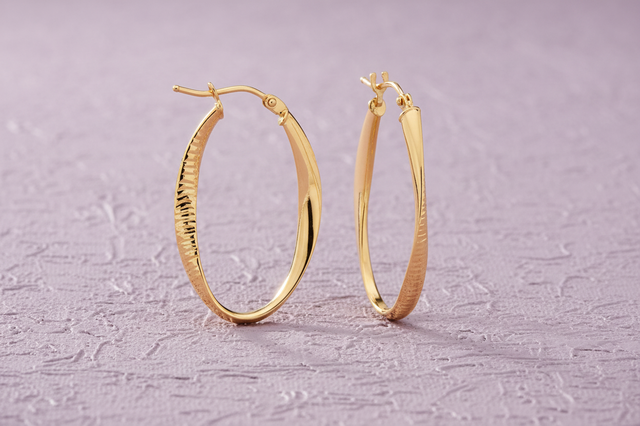 9ct Yellow Gold Oval Twist Ribbed & Plain Hoop Earrings on dusty lilac textured background