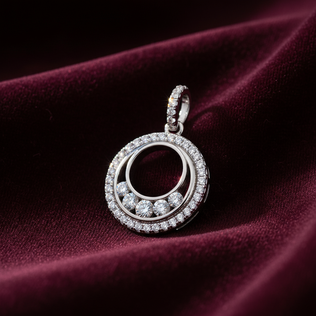 Silver Double Circle CZ Pendant on textured burgundy fabric background