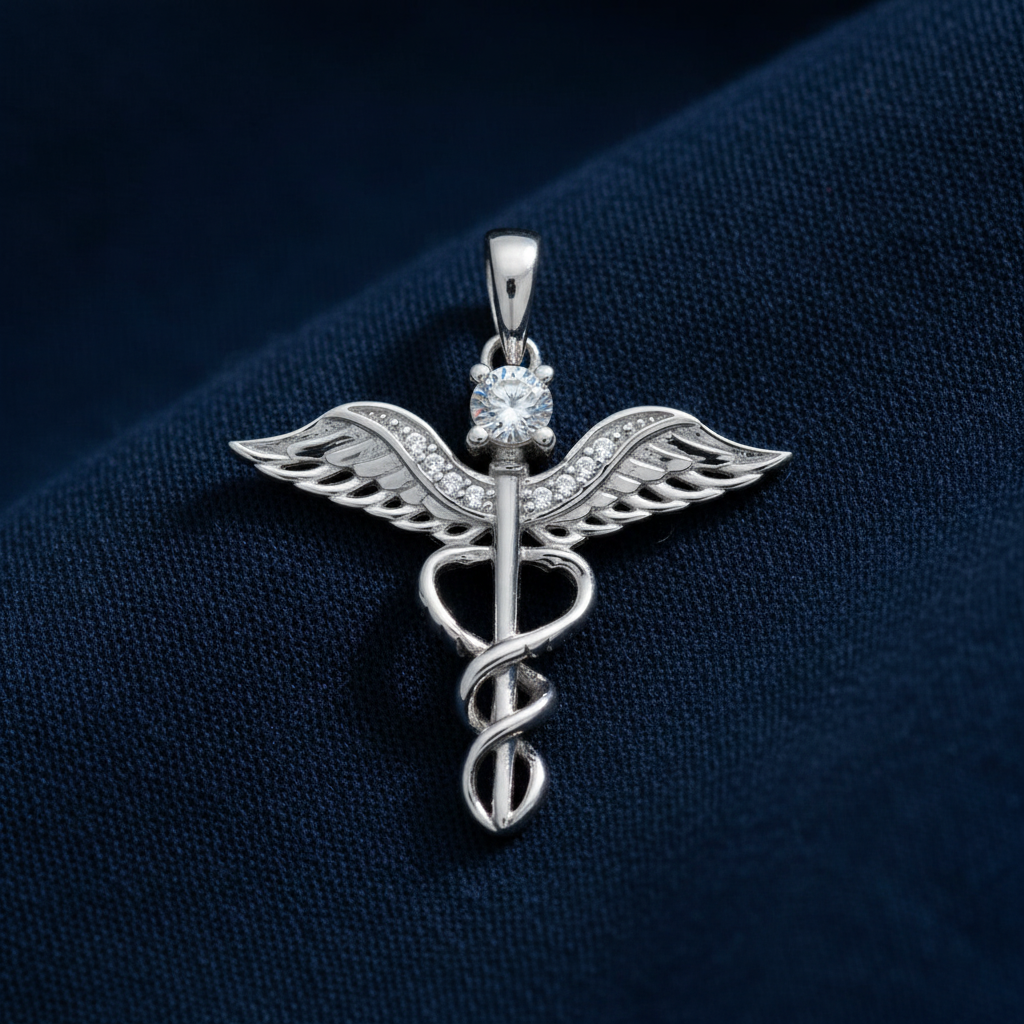 Silver Rhodium Caduceus Pendant on deep navy blue fabric background