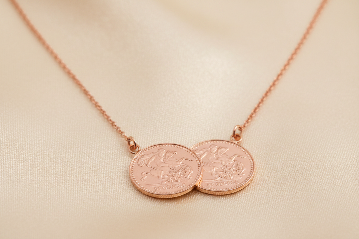 Rose gold plated double sovereign coin necklet on warm ivory satin background