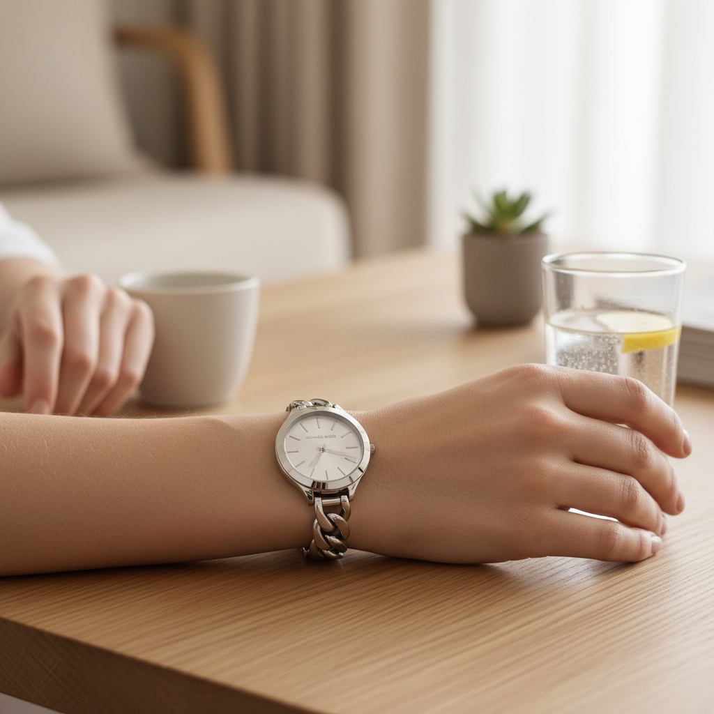 Michael Kors MK3279 silver watch worn on a lady's wrist