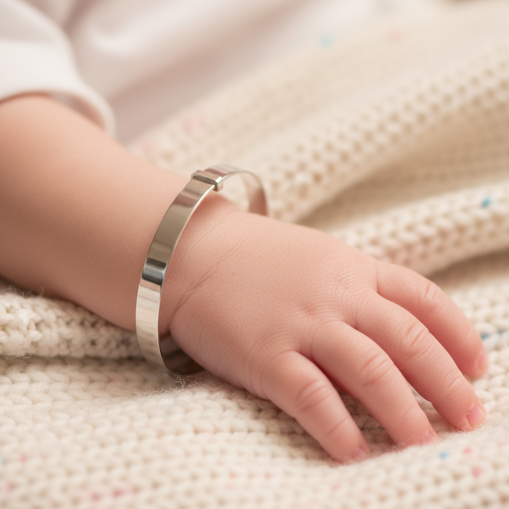 Silver Round Babies Plain Expandable Bangle on a baby's wrist