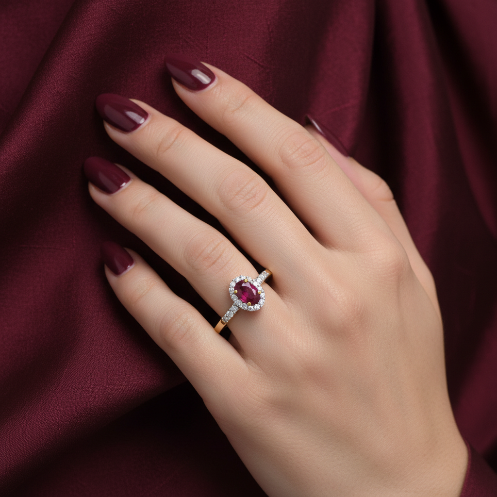 9ct Yellow Gold Ruby Cluster & Diamond Ring 0.71ct worn on a ladies hand