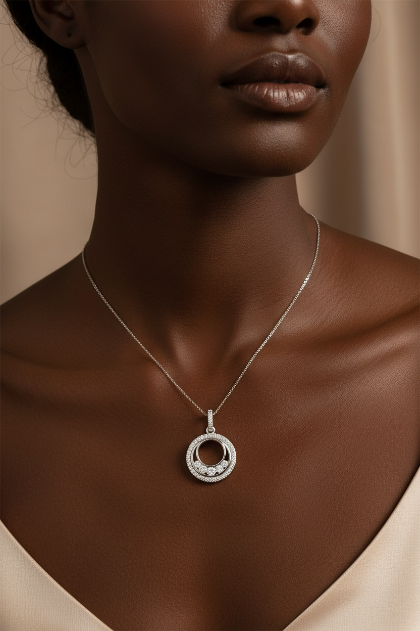 Silver Double Circle CZ Pendant worn on a lady's neck - lifestyle shot