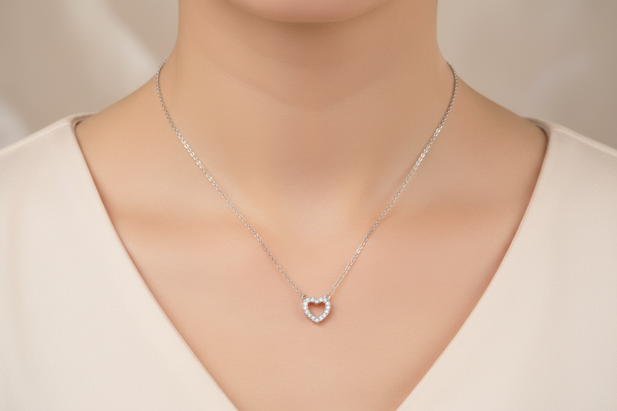 Silver rhodium plated CZ open heart pendant worn on a woman's neck