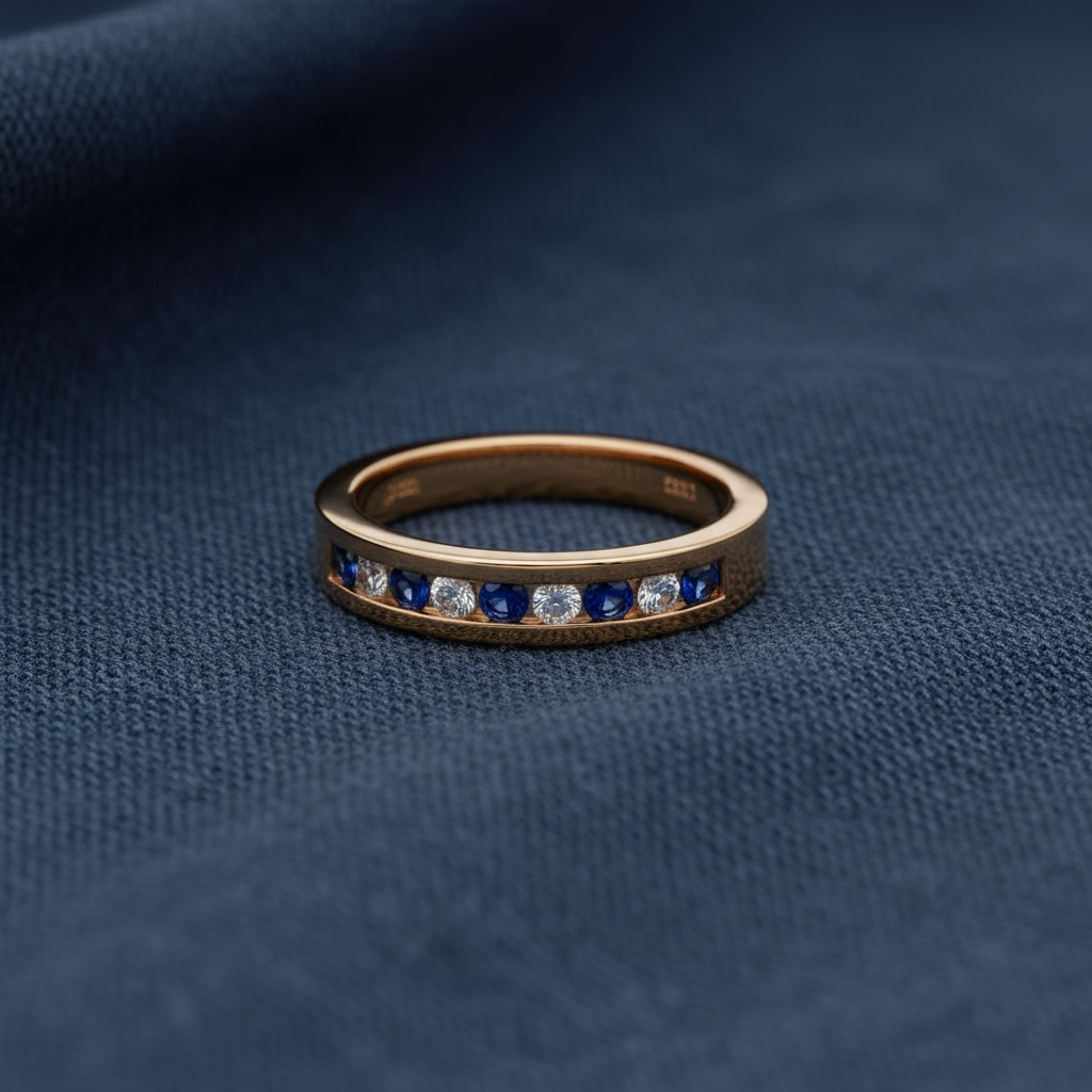 9ct Yellow Gold Sapphire & Diamond Eternity Ring 0.45ct on slate blue textured background