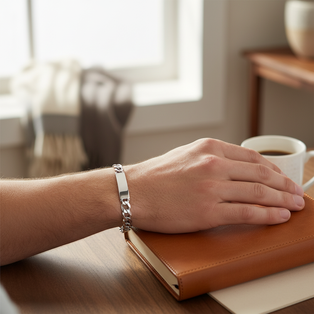 Silver Mens Flat Open Curb ID Bracelet worn on a mans wrist