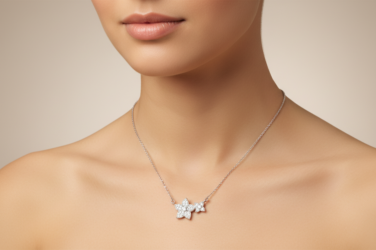 Silver rhodium plated CZ double flower pendant worn on a woman's neck