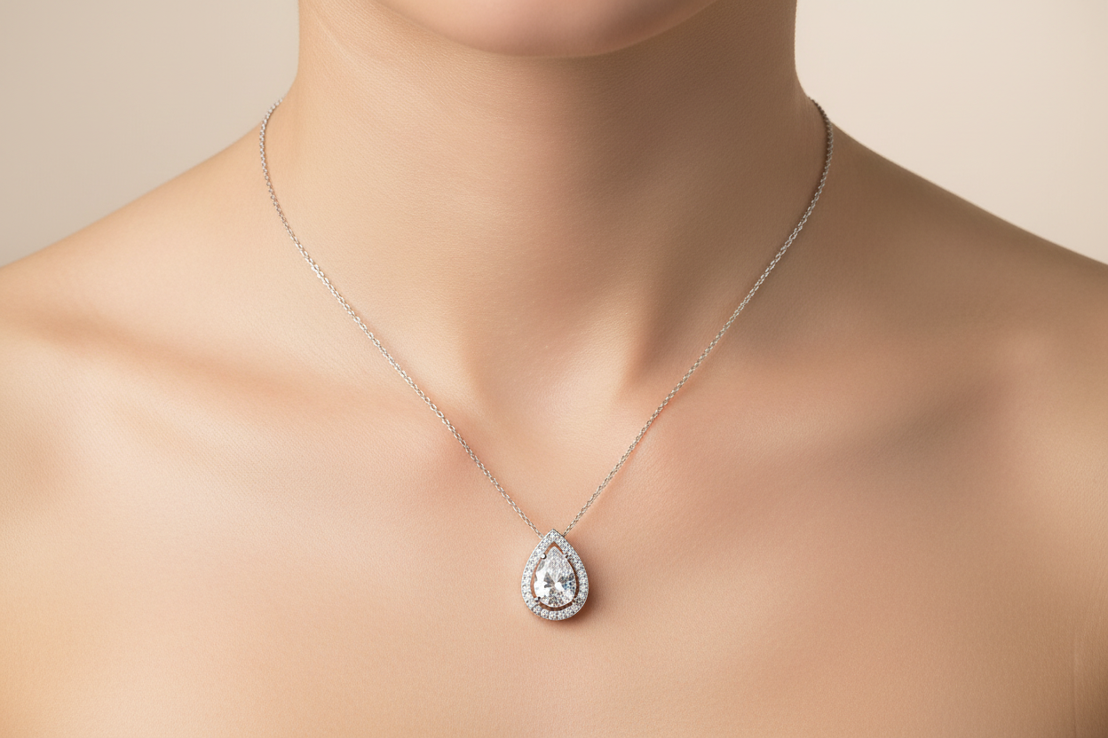 Silver rhodium plated pear CZ halo pendant worn on a woman's neck