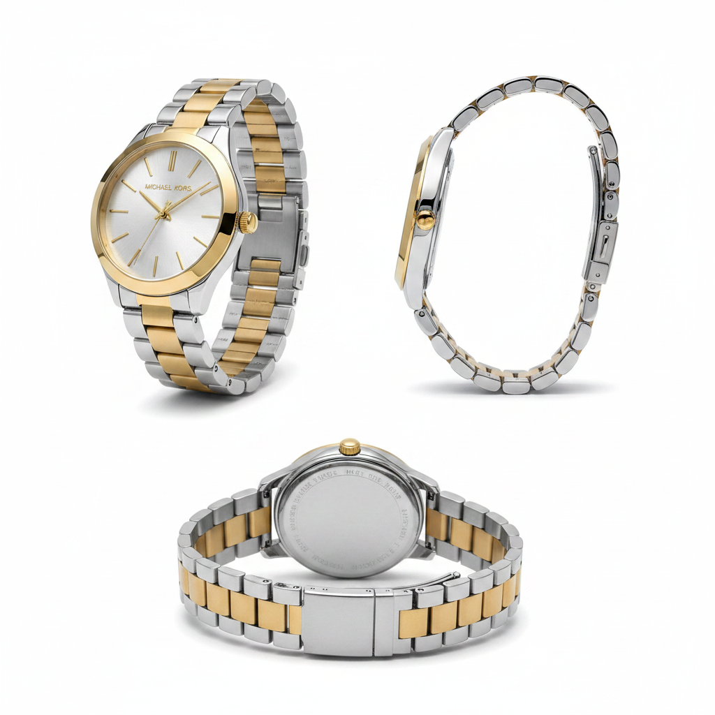 Michael Kors MK3198 two-tone watch from multiple angles on white background
