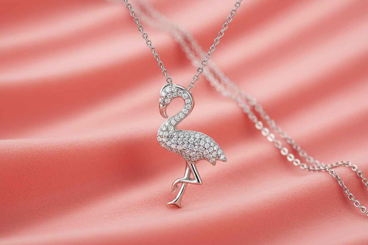 Silver rhodium plated CZ flamingo pendant on coral pink background