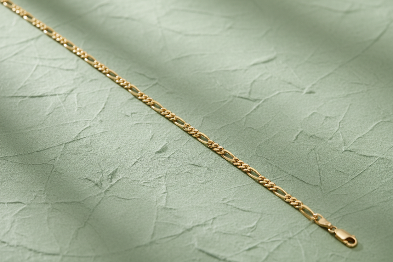 9ct Yellow Gold Figaro Anklet on sage green textured background