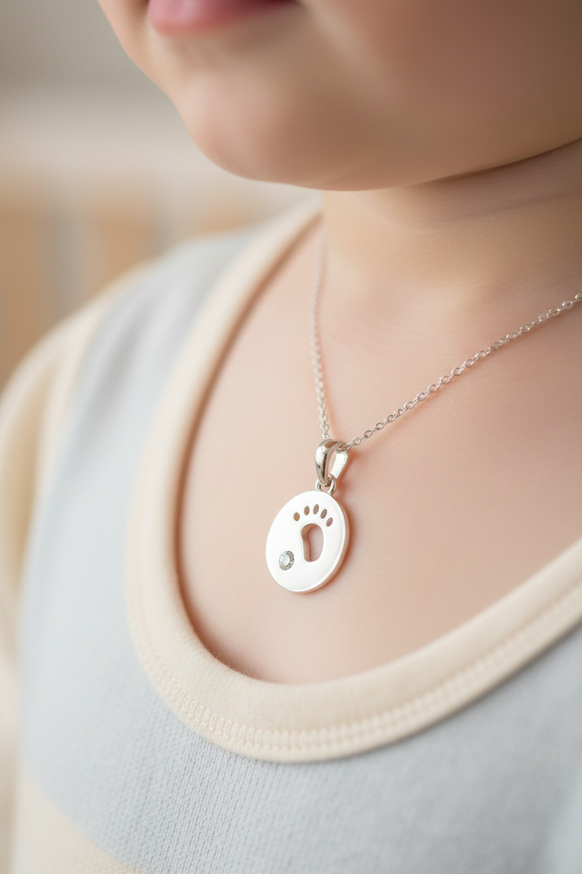 Silver Rhodium Christening Pendant worn on a small child's neck - lifestyle shot