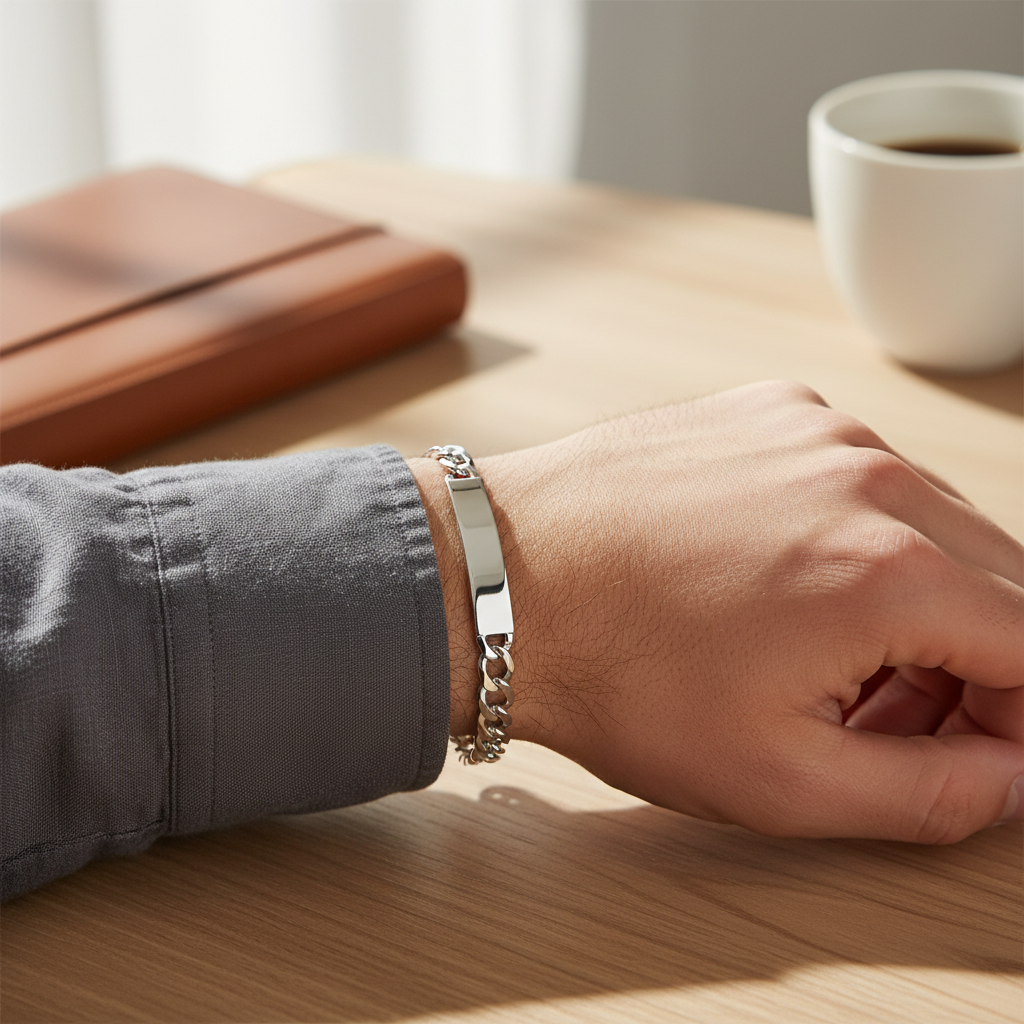 Silver Mens Flat Open Curb ID Bracelet worn on a mans wrist