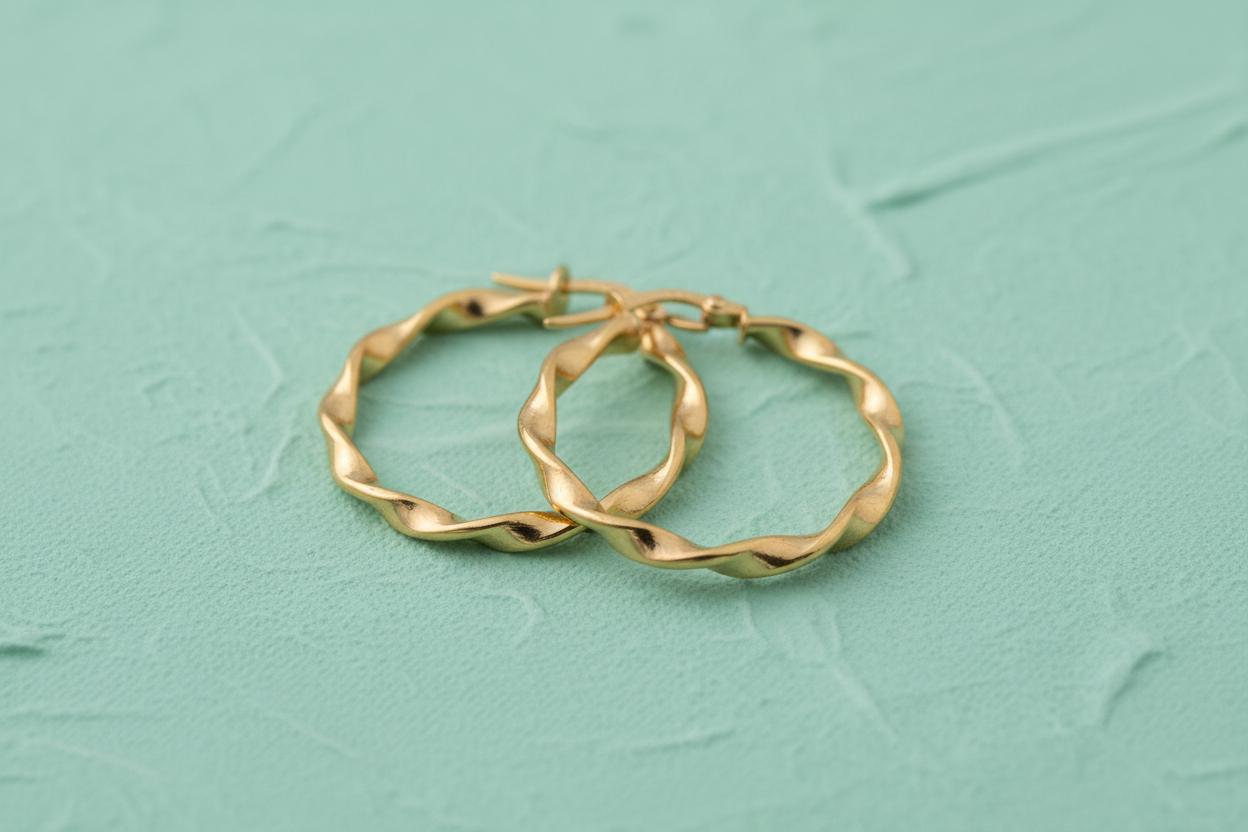 9ct Yellow Gold 26mm Twisted Hoop Earrings on mint green textured background