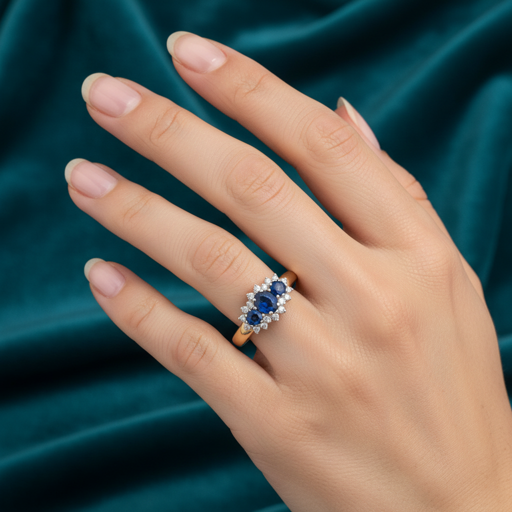 9ct Yellow Gold Sapphire Cluster & Diamond Ring 1.08ct worn on a ladies hand